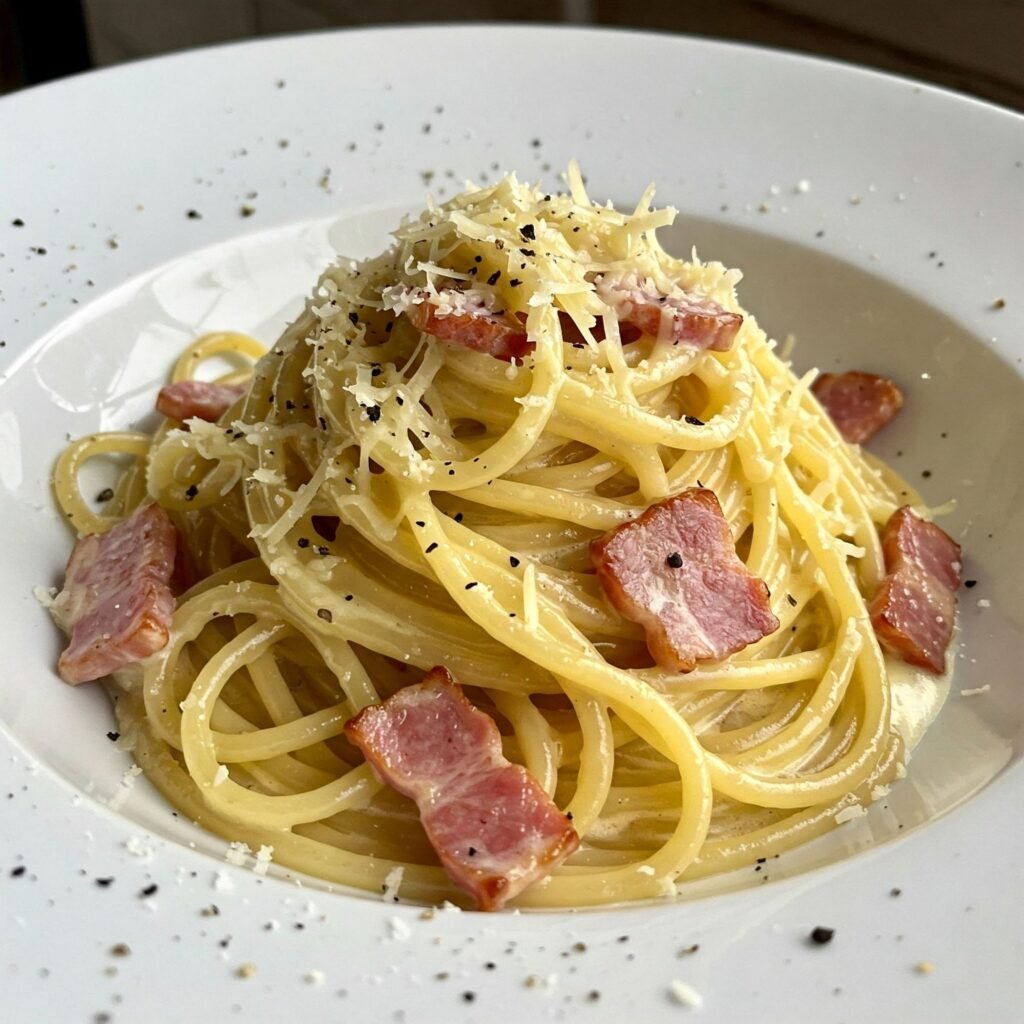 Plato de Spaghetti Carbonara auténtica con guanciale crujiente y pecorino rallado.