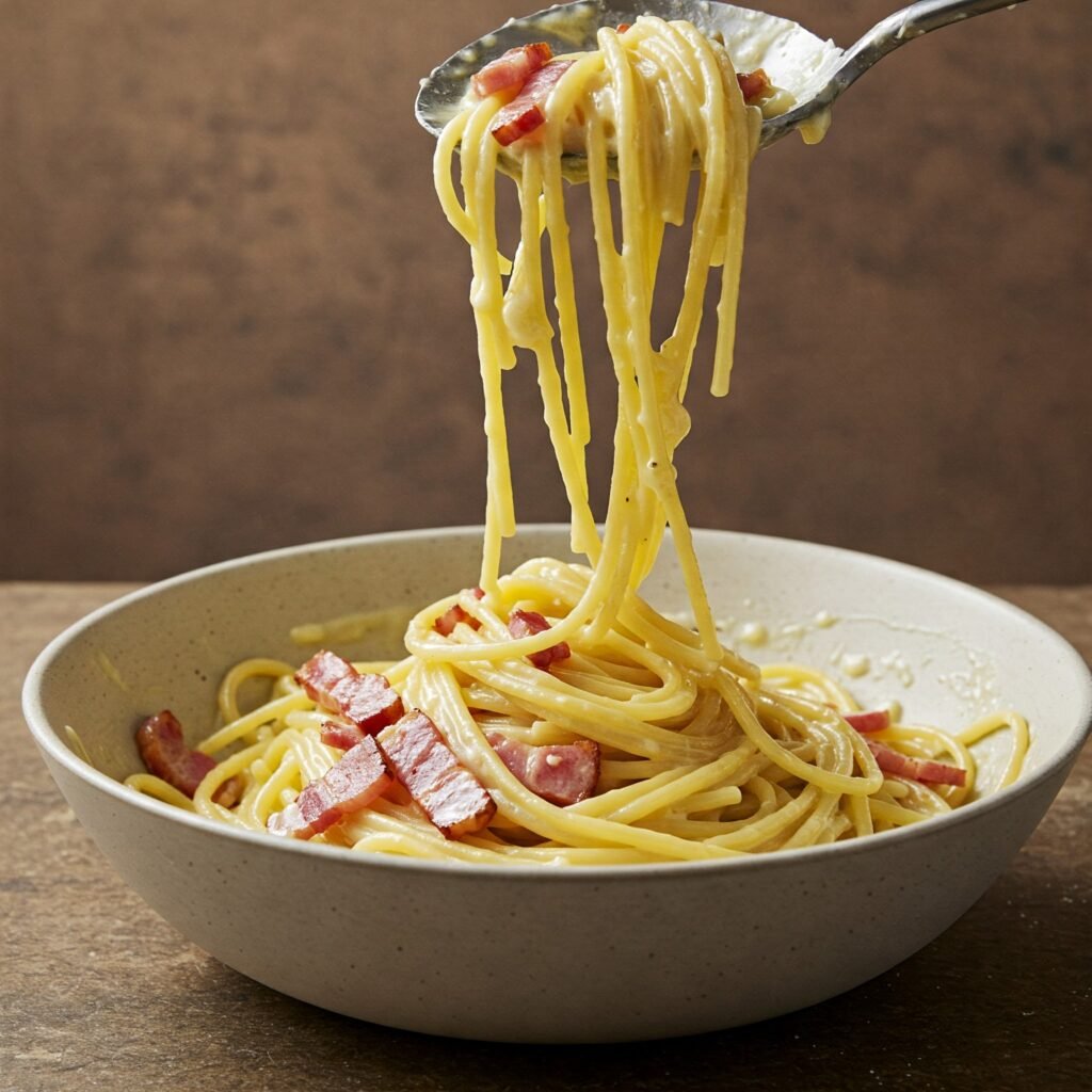Emulsionando la salsa de Spaghetti Carbonara con la pasta y agua de cocción.