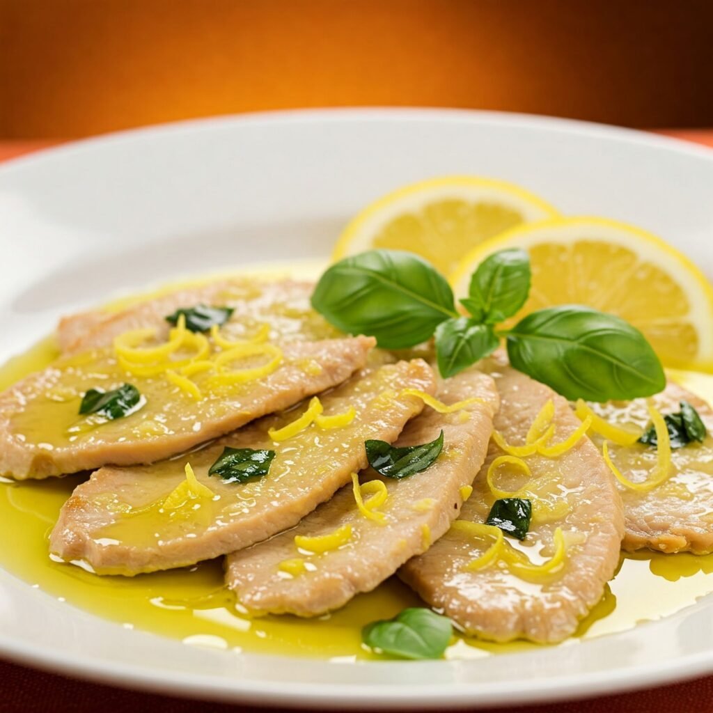 Piccata al limone con basilico lista para servir