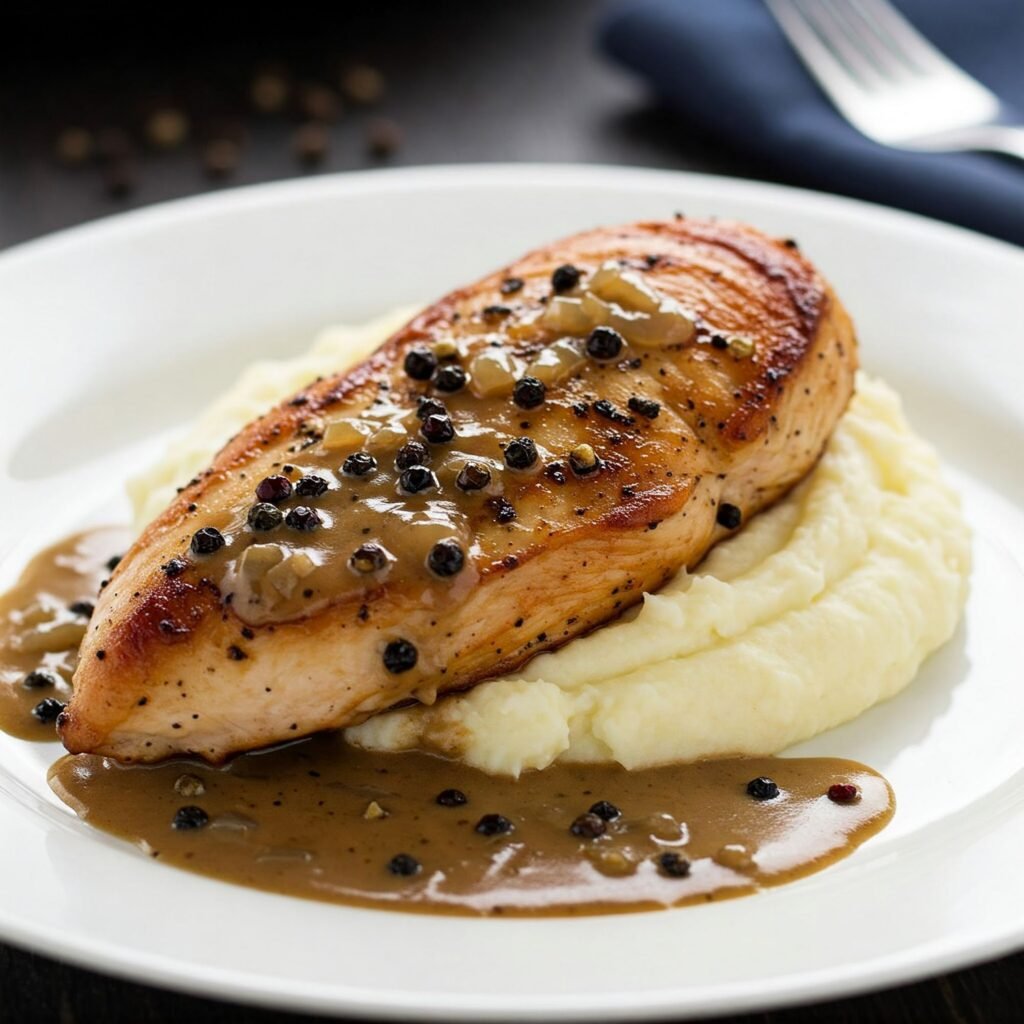 Imagen del Pollo au Poivre emplatado con puré de patatas, decorado con hierbas frescas: Un plato elegante y sofisticado de Pollo au Poivre listo para servir.