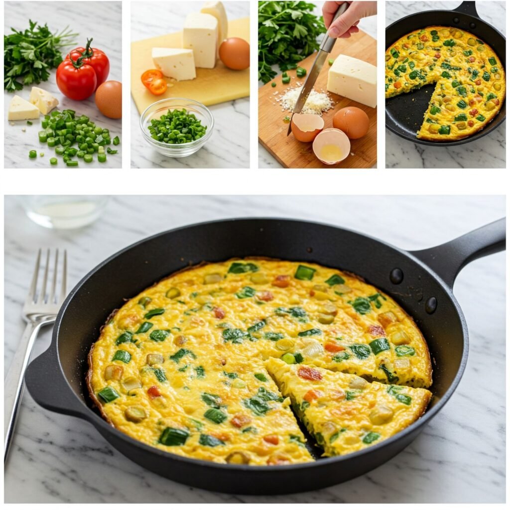 Imagen mostrando una frittata cocinándose en una sartén: Frittata dorándose en una sartén antiadherente sobre fuego medio-bajo
