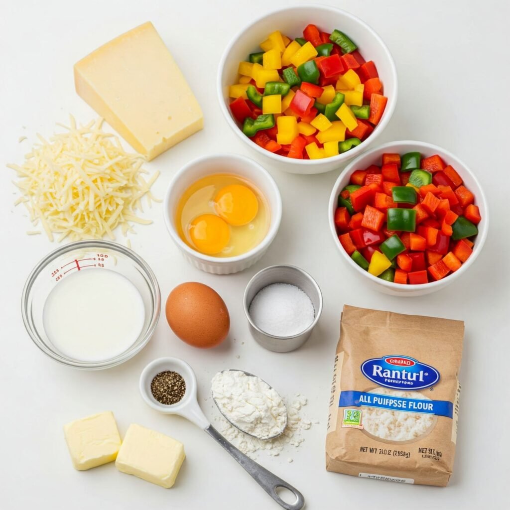Ingredientes del soufflé: Base de bechamel cremosa con queso rallado y trozos finos de pimiento rojo asado integrados.