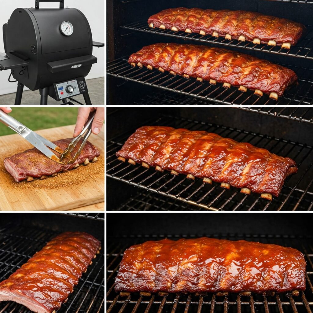 Costillas de cerdo horneándose y siendo untadas con salsa BBQ para un delicioso sabor al estilo Nueva York.