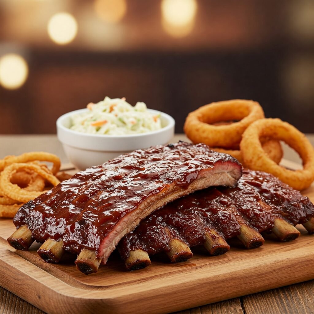Deliciosas costillas BBQ al estilo Nueva York servidas con acompañamientos clásicos.