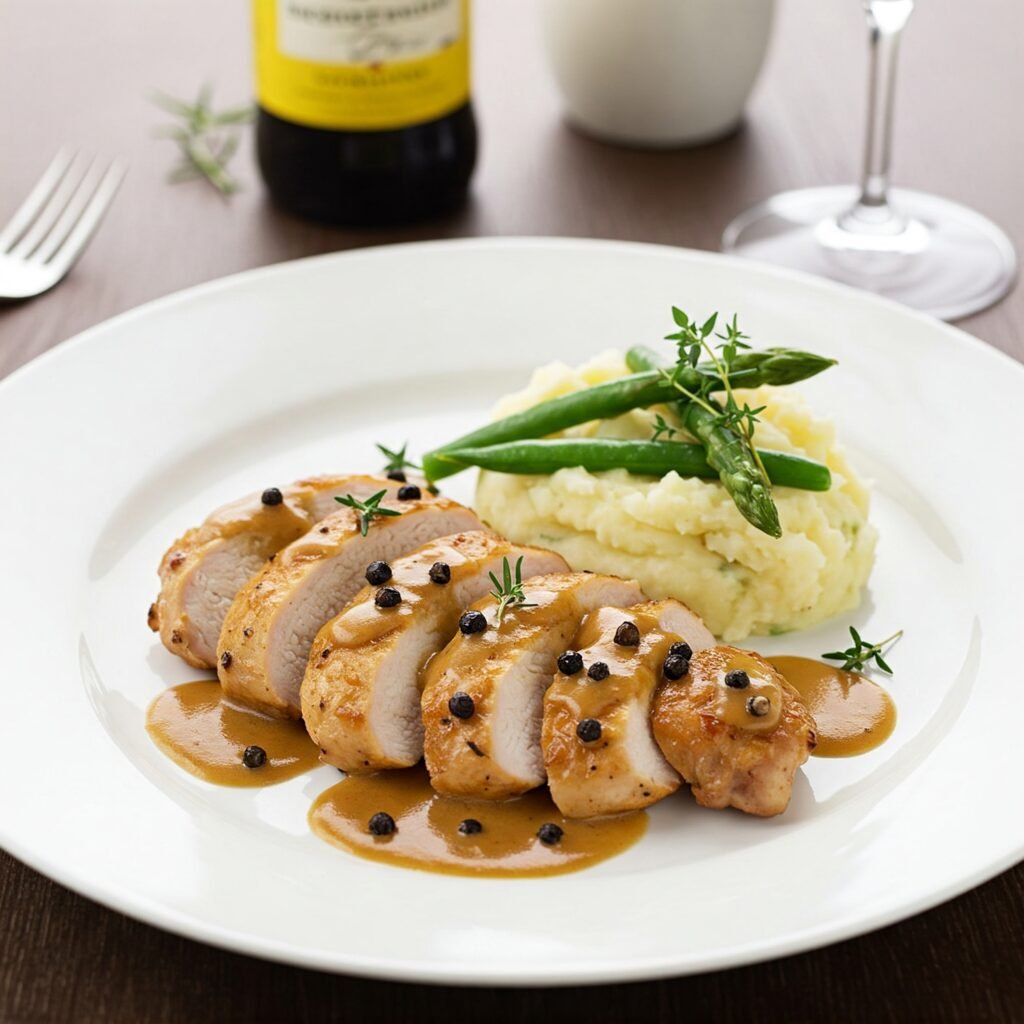Imagen del Pollo au Poivre en porciones emplatado con puré de patatas, espárragos y decorado con hierbas frescas: Un plato elegante y sofisticado de Pollo au Poivre listo para servir.