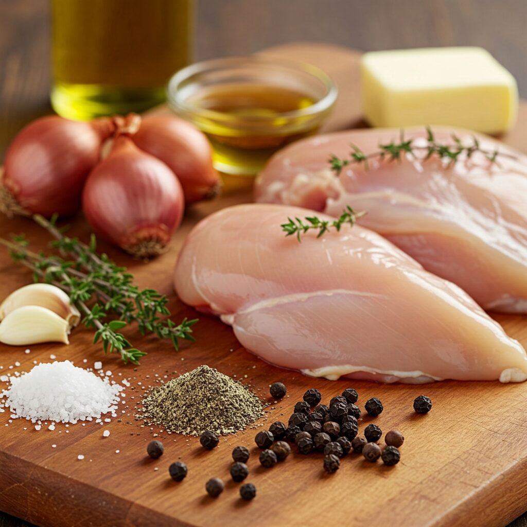 Imagen mostrando los ingredientes para el Pollo au Poivre: Ingredientes frescos y aromáticos para preparar un delicioso Pollo au Poivre.