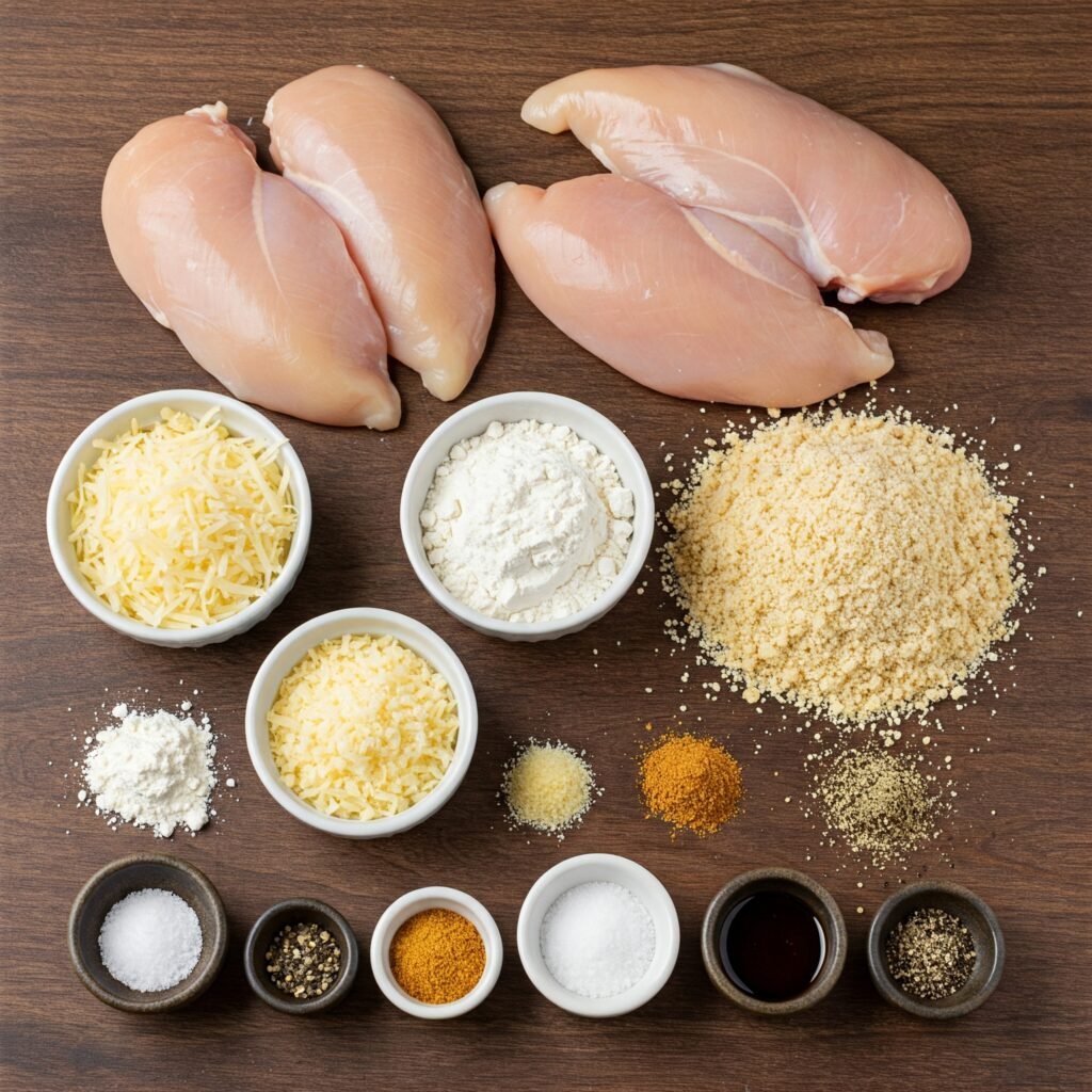 Imagen mostrando los ingredientes para el Pollo con Costra de Parmesano: Ingredientes frescos y sencillos para preparar un delicioso Pollo con Costra de Parmesano.