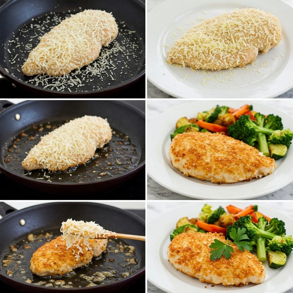 Imagen del proceso de preparación del Pollo con Costra de Parmesano: El pollo rebozándose en el parmesano y listo para hornearse.