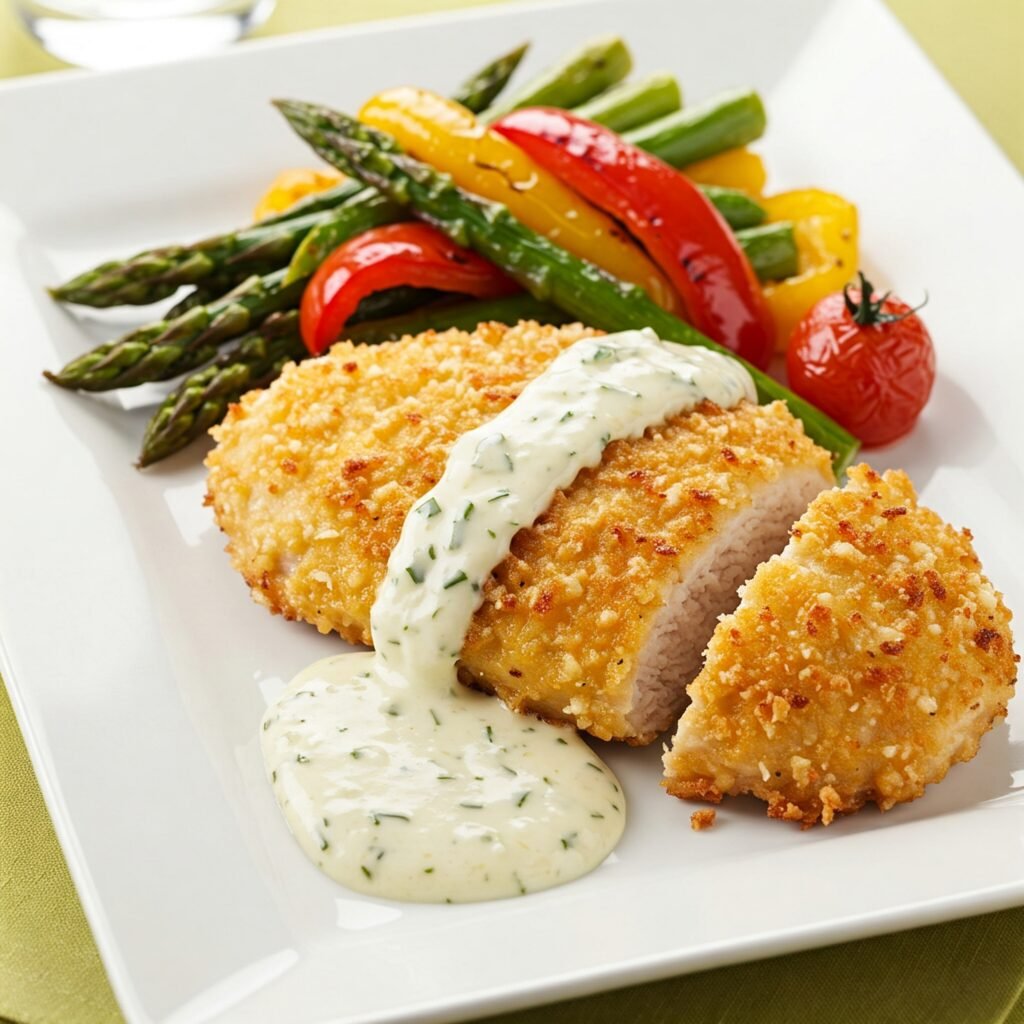 Otra Imagen del Pollo con Costra de Parmesano emplatado con verduras asadas y salsa de limón y hierbas: Un plato elegante y apetitoso de Pollo con Costra de Parmesano listo para servir.