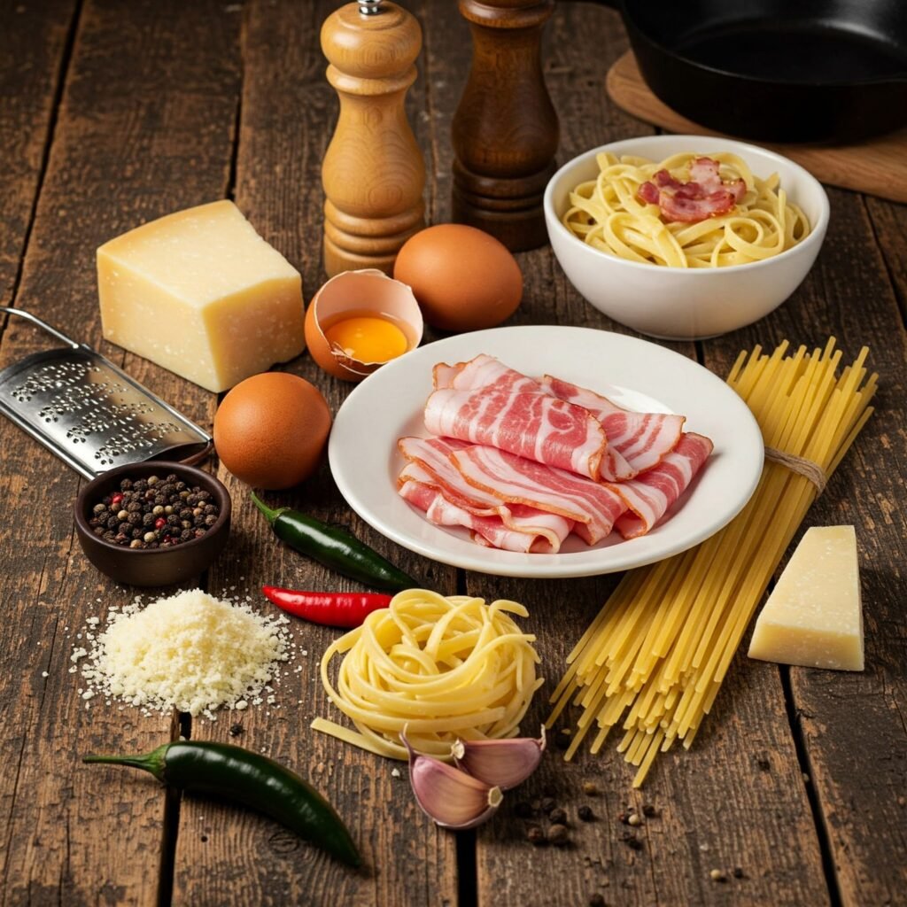 Ingredientes para Spaghetti Carbonara: spaghetti, guanciale, huevos, pecorino romano y pimienta negra sobre tabla de madera
