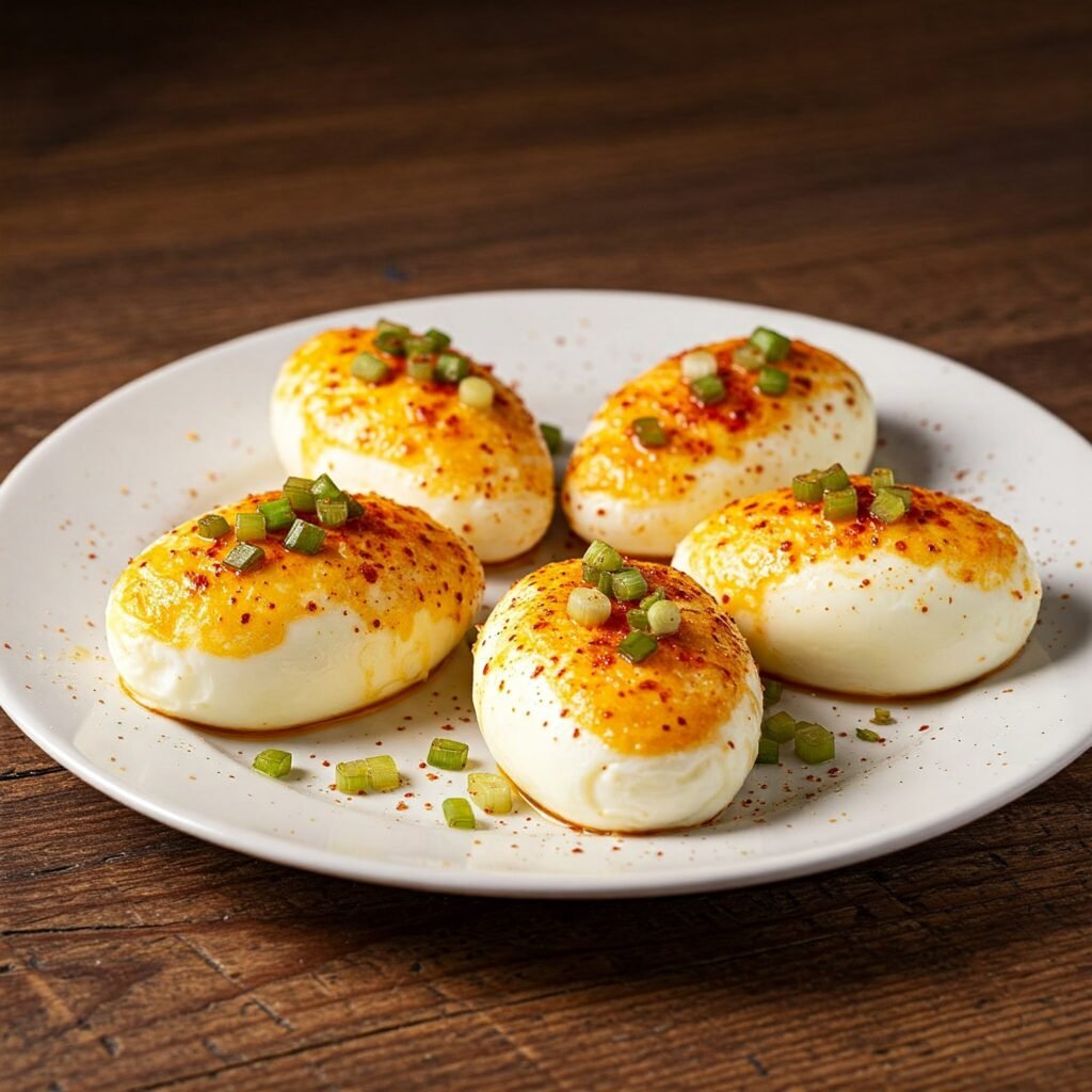Plato de huevos endiablados clásicos listos para servir