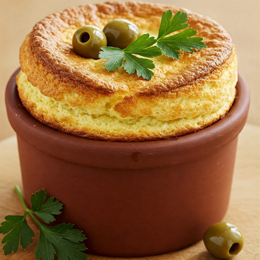 Imagen mostrando un soufflé servido en un ramequín de barro con una ramita de perejil y unas aceitunas: Soufflé de queso y pimiento horneado y servido en un tradicional ramequín de barro, adornado con una ramita de perejil fresco y unas aceitunas.